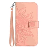 Allytechgroup for Motorola G Stylus 5G (2025) Case with Hand Strap, RFID Blocking Embossed Sunflower PU Leather Wallet Case with Credit Card Slot Shockproof Magnetic Snap Protective Case, Pink