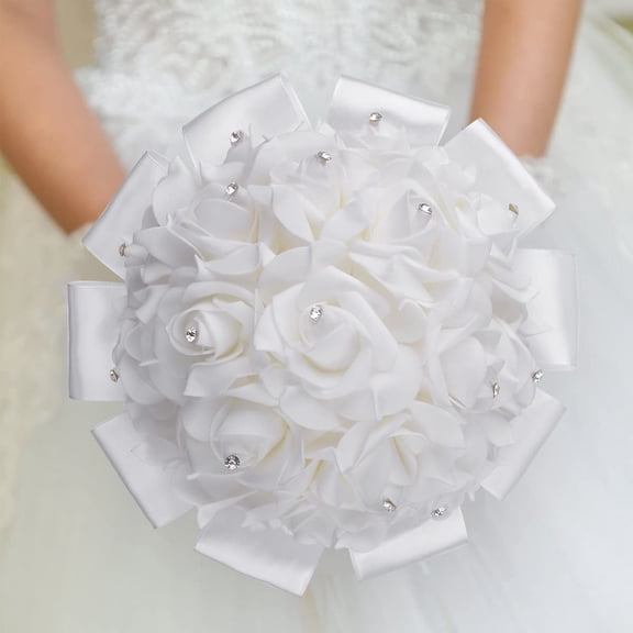 Yirtree 1 Bouquet Wedding Bouquet, White Bouquet for Bride Bridesmaids with Diamond Soft Ribbons Artificial Rose Bridal Holding Flowers for Wedding, Party and Church