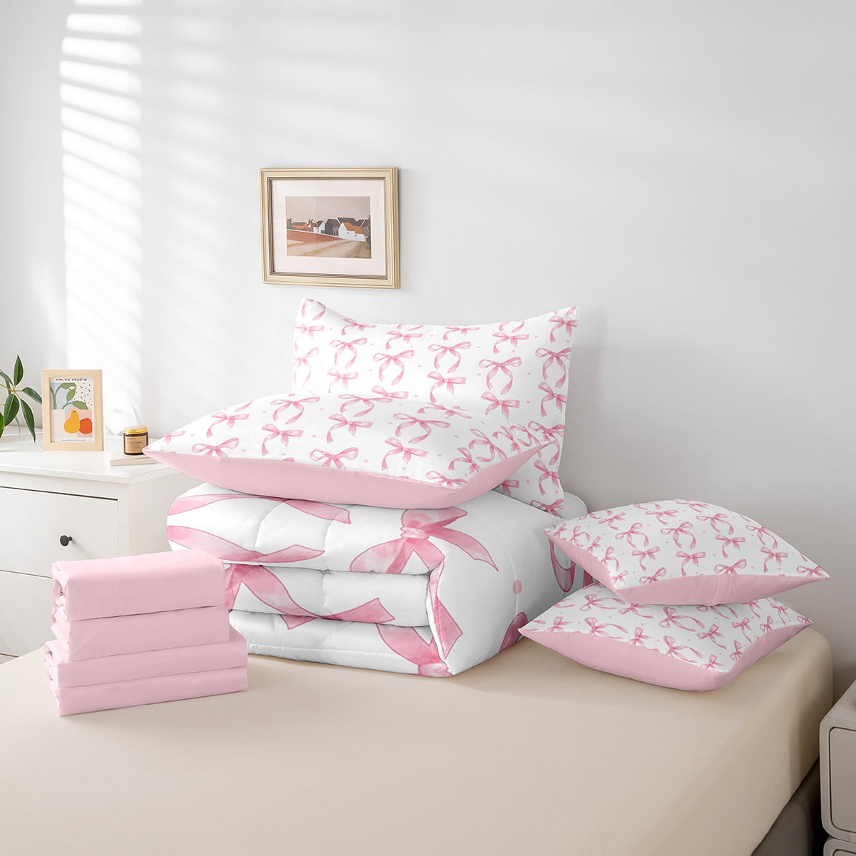 Manfei Pink Bow Comforter Set for Girls,Cute Ribbon Bowknot Bedding Set 7Pcs,Chic Aesthetic Princess Room Decor,All Season Cozy Quilt for Kids Bedroom,Twin Size,Pink Reversible