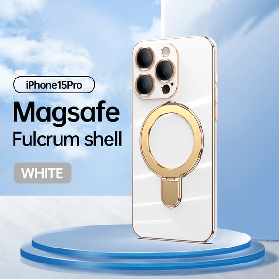 Cowithday Mag-Stand Designed for iPhone 15 Pro Case with Camera Lens Protector, [All-in-1] [Compatible with MagSafe] Ring Kickstand Plated TPU Luxury Phone Cover for iPhone 15 Pro 6.1 inch, White