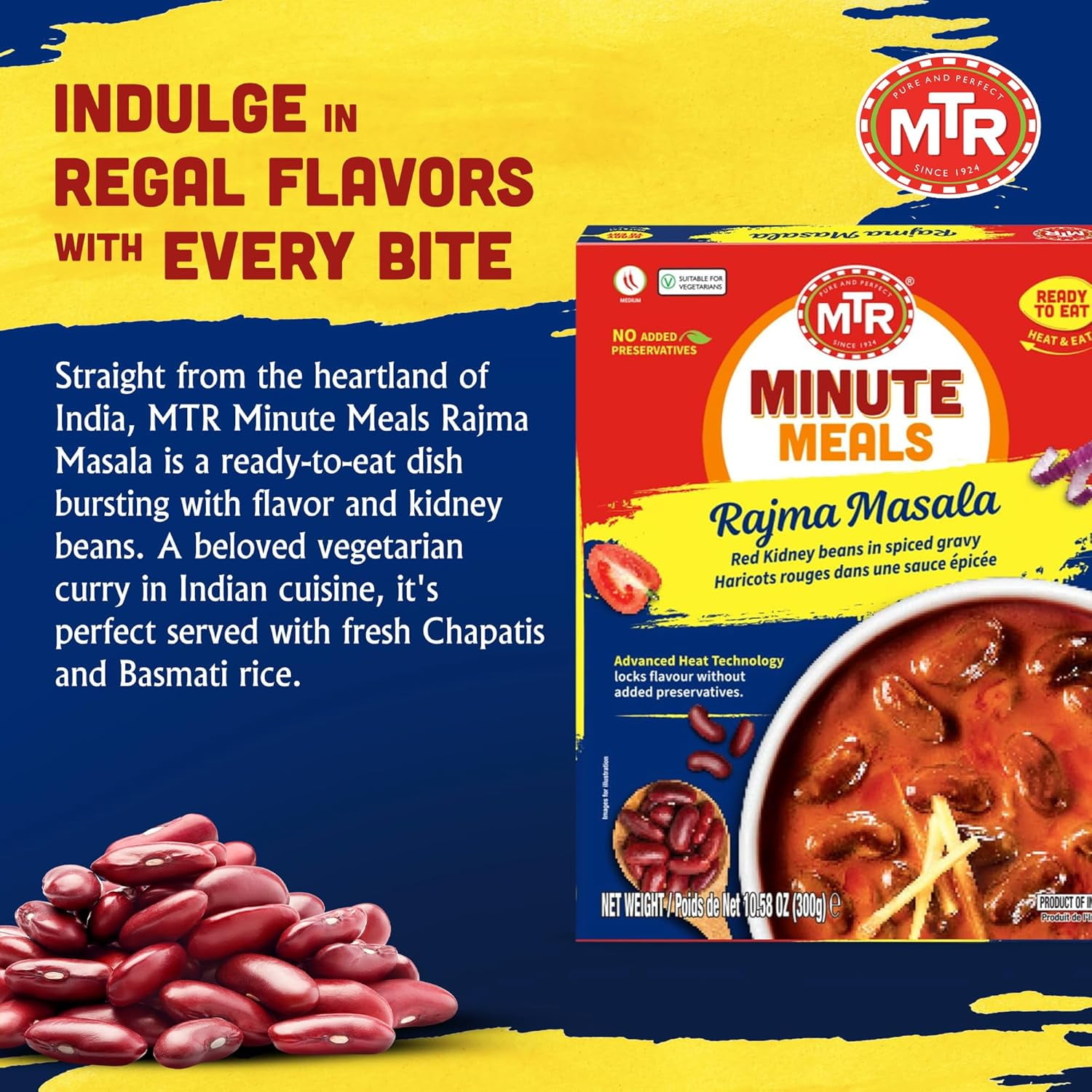 MTR Rajma Masala - Red Kidney Beans in Spiced Gravy - Authentic Indian Ready-to-Eat Meal - No Added Preservatives - A Quick Meal Suitable for Vegetarians, Ready in Minutes! (300g, Pack of 6)