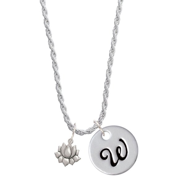 Delight Jewelry Silvertone Mini Lotus Silvertone Script Initial Disc - W - Charm Necklace, 20"+3"
