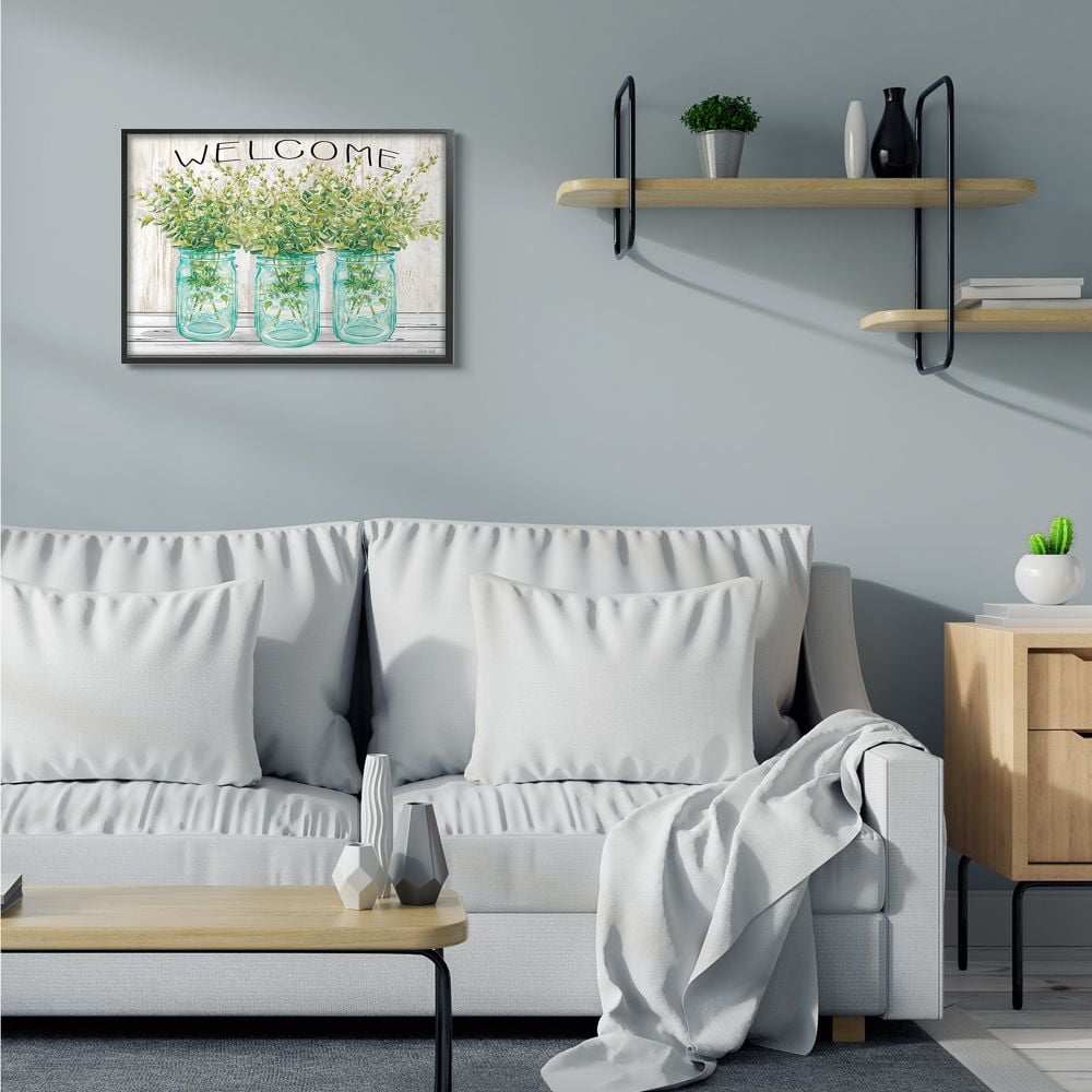 Stupell Industries Country Welcome Sign Greenery Bouquets Blue Jars Framed Wall Art Design by Cindy Jacobs, 24" x 30", Black Framed