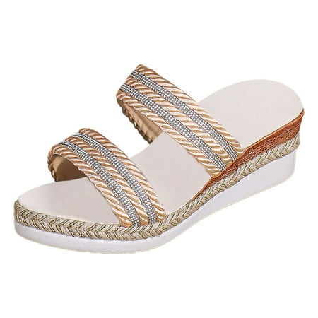 

Ediodpoh Ladies Summer Casual Colour Blocking Soft Leather Woven Straw Bottom Thick Bottom Slope Heel Large Size Sandals Slippers Womens Sandals Gold 7(38)