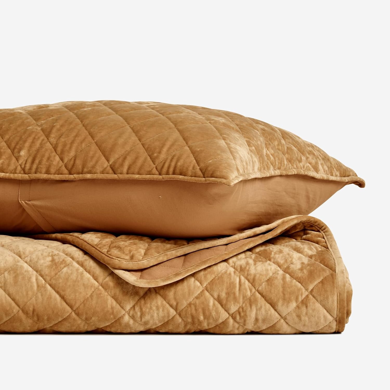EVERGRACE Luxury Velvet Quilt Set King Size, Diamond Quilted Lightweight Velvet Comforter for All Season, Ultra Soft Oversized Bedspread Coverlet Bedding Set with 2 Pillow Shams, Gold Caramel