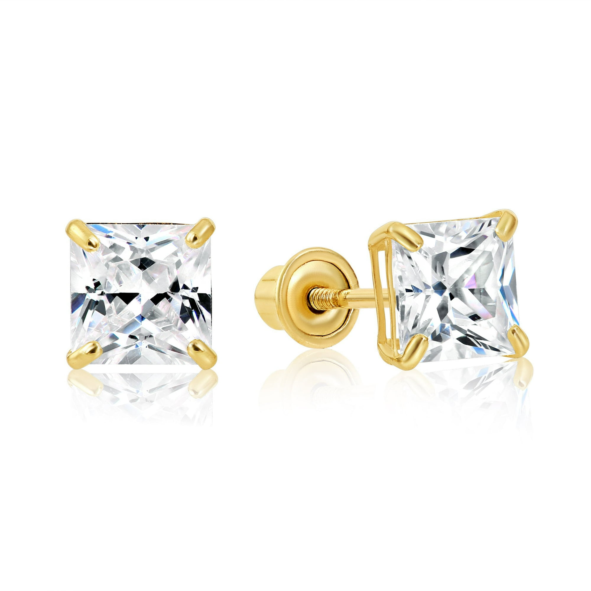 Tilo Jewelry 14K Yellow Gold Princess Cut Square Stud Earrings with Screw-Backs & Cubic Zirconia CZ Stones | 5mm | Women, Men, Unisex