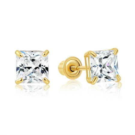 Tilo Jewelry 14K Yellow Gold Princess Cut Square Stud Earrings with Screw-Backs & Cubic Zirconia CZ Stones | 5mm | Women, Men, Unisex