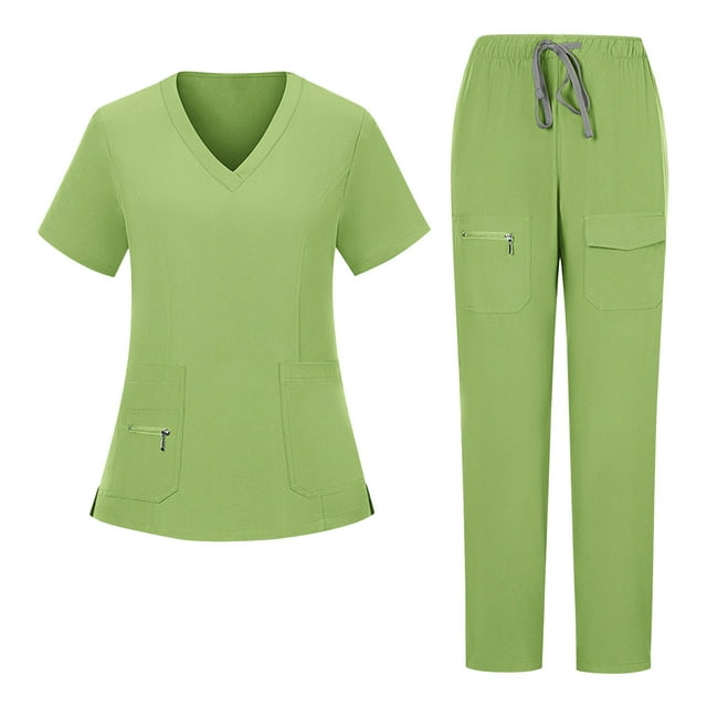 Nfurl Ensemble d'Uniforme d'Infirmière pour Femmes, 2 Pcs, Hauts à Manches Courtes à Col en V avec Cordon de Serrage, Pantalon à Taille Élastique, Uniforme d'Infirmière, Ensemble Assorti, Vert, TG