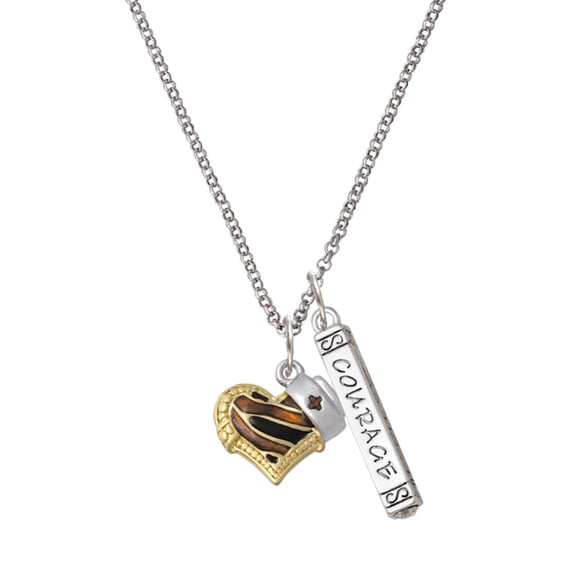Delight Jewelry Brown Tiger Print Heart with Nurse Hat Silvertone Courage Strength Wisdom Honesty Bar Charm Necklace, 23"