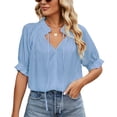 thumbnail image 1 of Blusa de media manga, color azul cielo, informal, elegante para citas, talla M, escote en V, cordón ajustable, 1 of 6