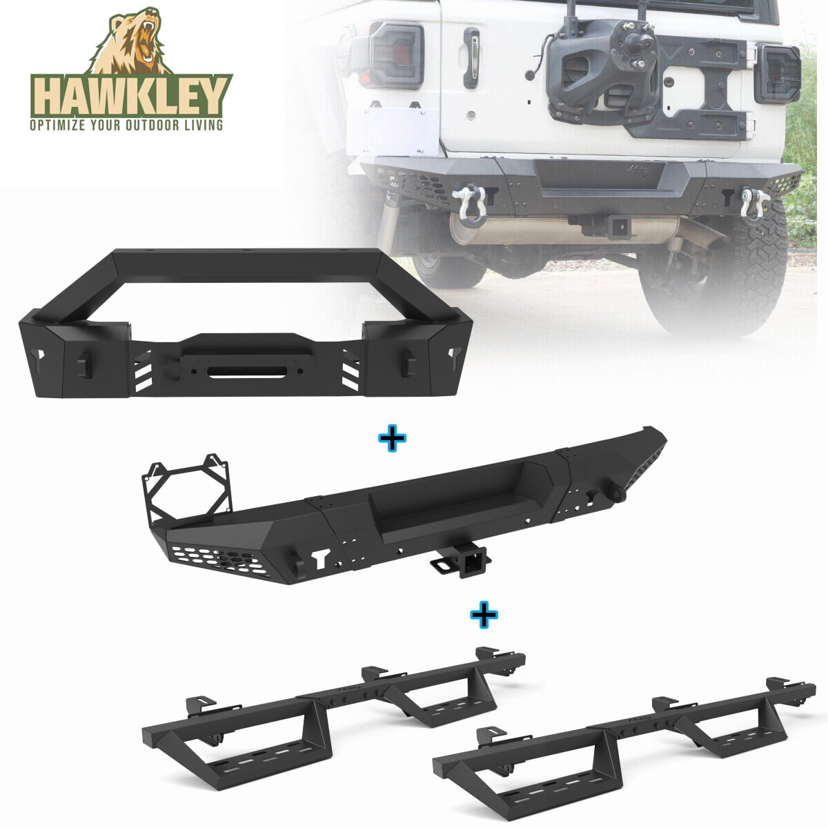 HAWKLEY Front & Rear Bumper & Side Steps Running BoardCompatible for  2018-2022 Jeep WRANGLER JL 2*D-Rings 
