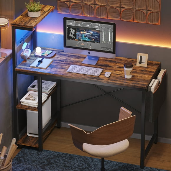 Bestier Bureau d'Ordinateur Réversible de 44 Pouces avec Lumières DEL, Bureau de Jeu avec 4 Étagères à Niveaux pour Adultes