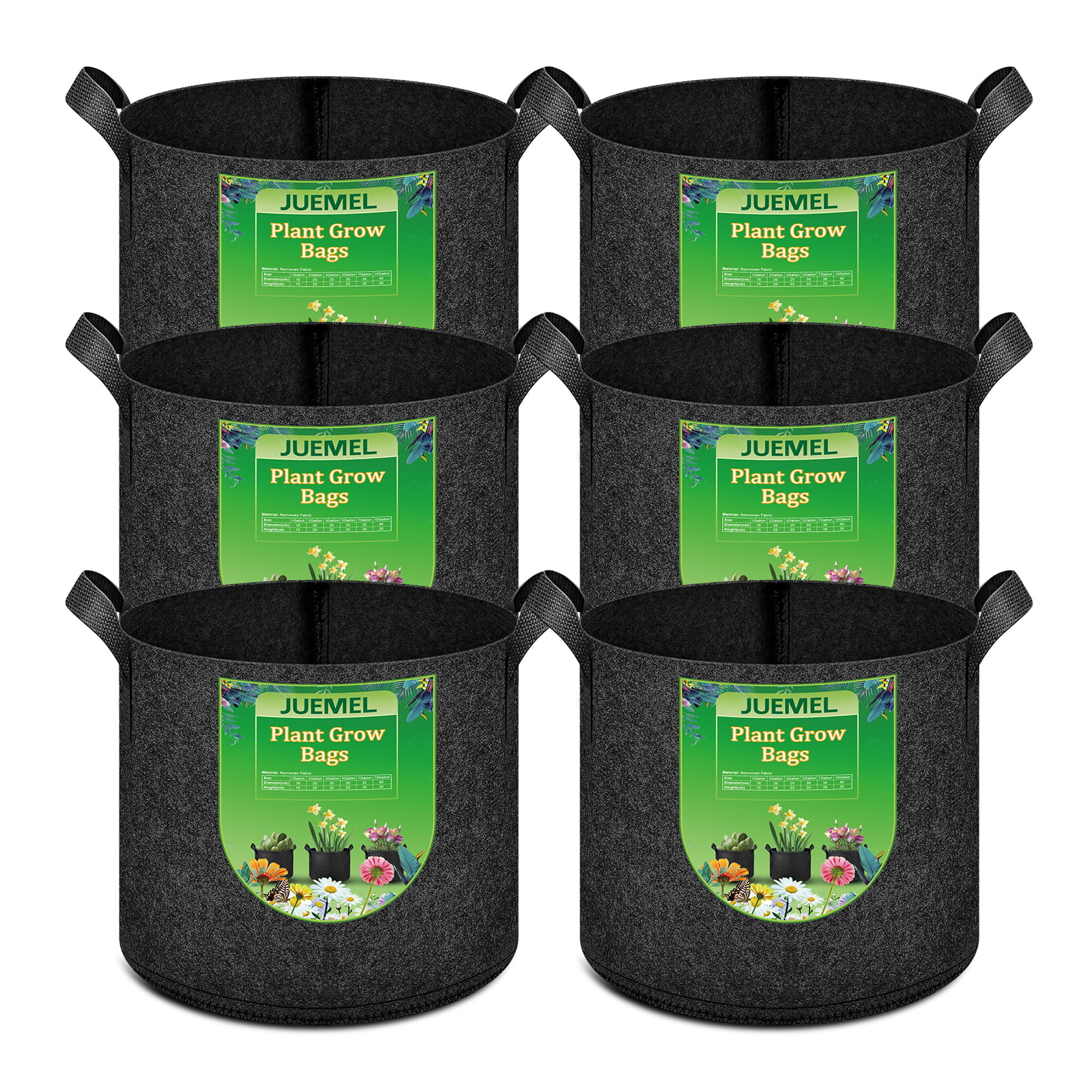 JUEMEL 6-Pack 2 Gallon Plant Grow Bags Heavy Duty Thickened Nonwoven Plant Fabric Pots with Handles 