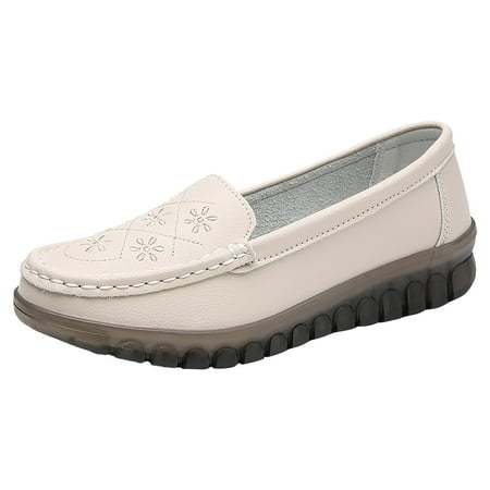 OJSFQUFP Women s Flats Women Comfort Walking Flat Loafer Slip On Leather Loafer Comfortable Flat Shoes Outdoor Driving Shoes Shoes for Women White 40
