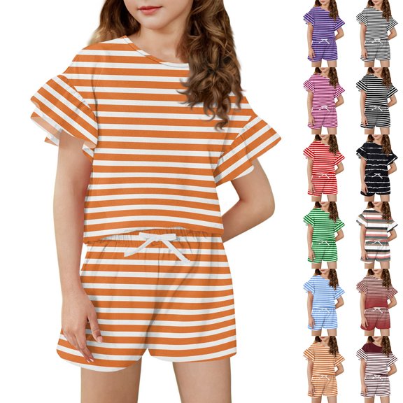 Girls Summer Clothes Sets Kids Ruffle T Shirt Textured & Striped Short Striped Outfits Size 6-15 Years