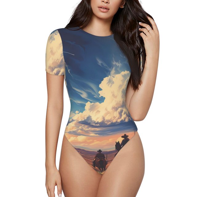 Balery Western Desert Cloud Cowboy Body de cuello redondo de manga corta para mujer Tops de manga corta Tops básicos-Medium