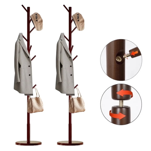 stusgo Coat Rack Freestanding,Wood Coat Tree with 8 Hooks and 3 Adjustable Section Height for Bedroom(2 Pcs,Round Base,Dark Walnut)