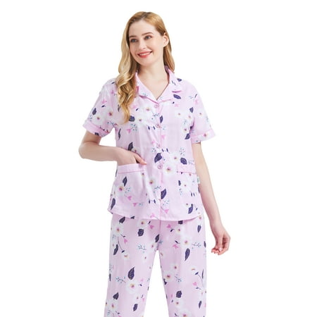 

GLOBAL Women 100% Cotton Button Down Short Sleeve Top & Long Pants Summer Pajama Set with Pockets 2-Piece Sizes S to 3XL