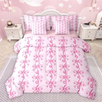 Homewish Kawaii Pink Ribbon Bedding Comforter Set 7pcs for Kids, Princess Bow-tie Bow Queen Bedding Sets, Cute Cartoon Bowknot Reversible Queen Sheet Sets, Luxury Bedroom Decor