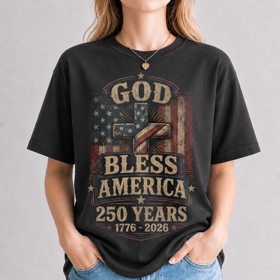 CLOTEX God Bless America 250 Years Shirt, 1776 2026 Patriotic Tee, Christian Cross American Flag Tshirt, USA 250th Anniversary, Mens Womens Gift, Navy S
