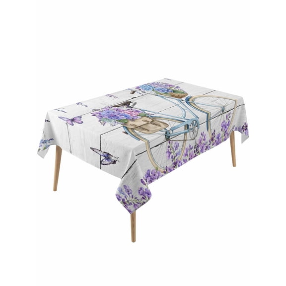 Purple Flowers Table Cloth, Waterproof Tablecloth for Rectangle Tables, Weeping Spring Floral Bicycle Wooden Reusable Washable Fabric Table Cover for Restaurant Kitchen Dining Tables 60"x120"