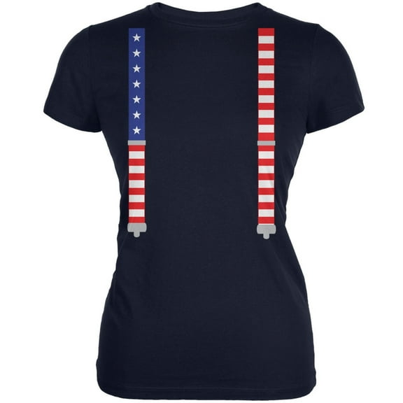 4th of July American Flag Suspenders Navy Juniors Soft T-Shirt - Large