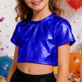 thumbnail image 2 of FINALGANG Girls Kids Solid Color Metallic Cropped TShirts CrewNeck Short Sleeves Shiny Glossy Casual Tees For Playtime Party Wear Versatile Top, 2 of 4