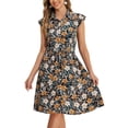 thumbnail image 2 of Vestido de Verano de Chifón Floral Inspire Chic para Mujer con Mangas Cortas, Vestido Casual con Cintura Elástica Fruncida XL Negro-Amarillo, 2 of 5