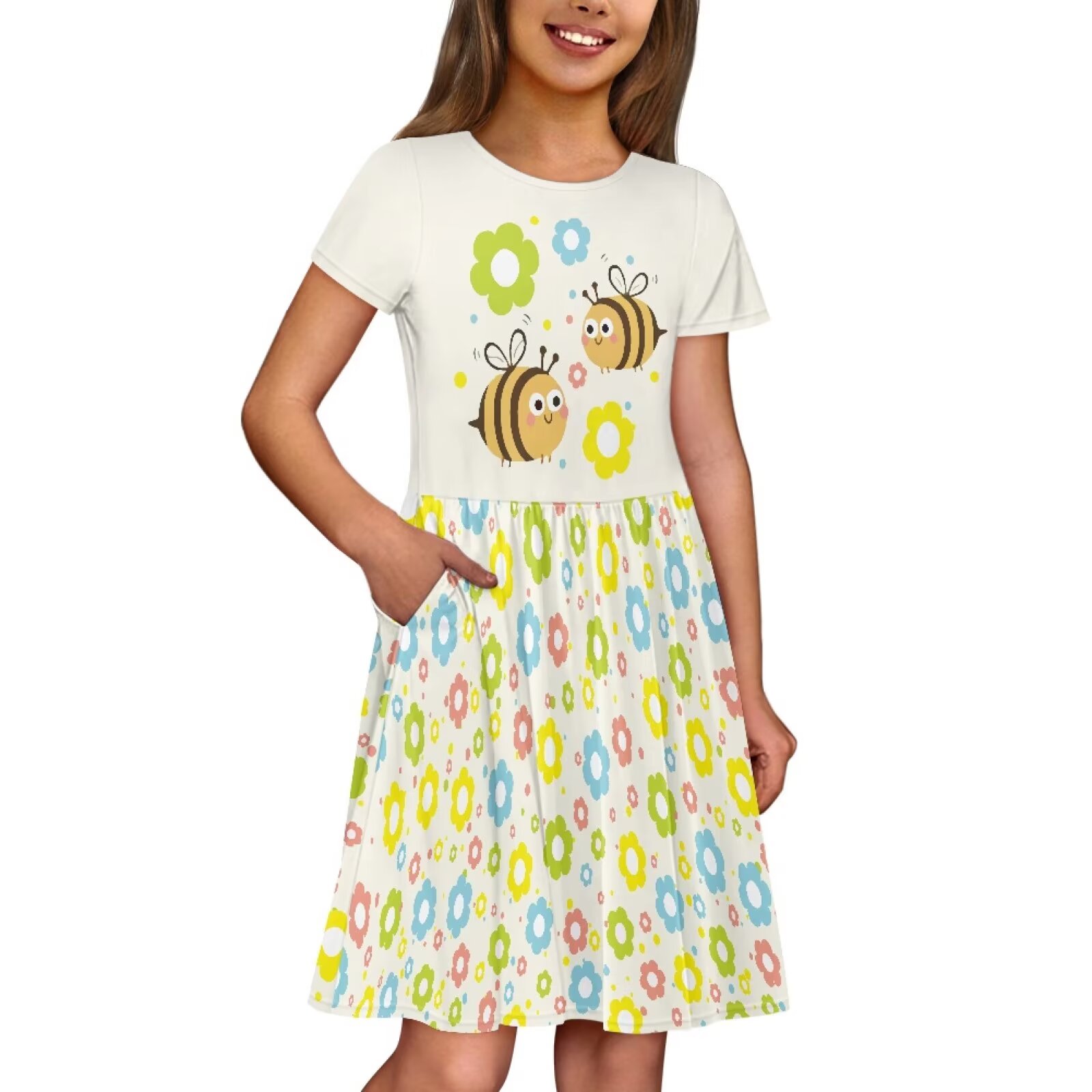 Uourmeti Bee Kids Dresses for Girls 2-14Y Summer Cute Short Sleeve Dress Flower Lightweight Soft Crew Neck Swing Dresses with Pockets Wedding Party Dress