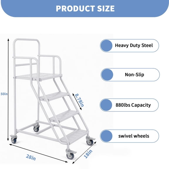 Industrial Rolling Stairs, 4 Step Rolling Ladder with Ribbed Steps, 880 LBS Platform Ladder with 4 Lockable Wheels for Distribution Center