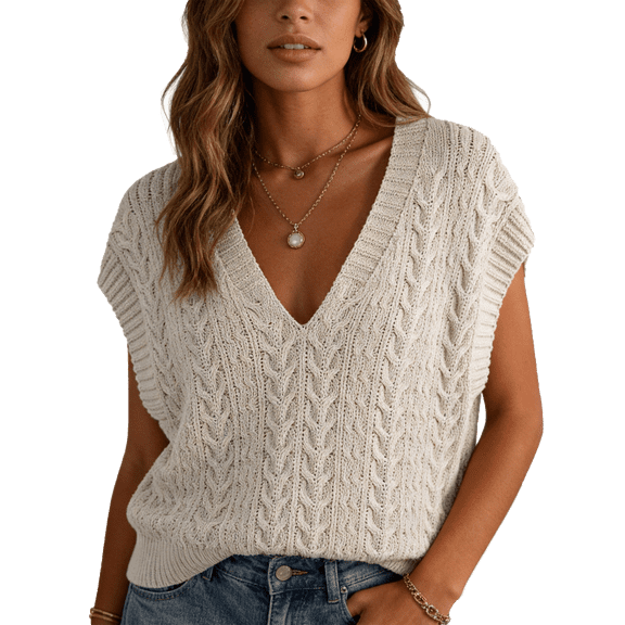 Women's V-Neck Knit Sleeveless Sweater Vest Versatile Cable Knit Top