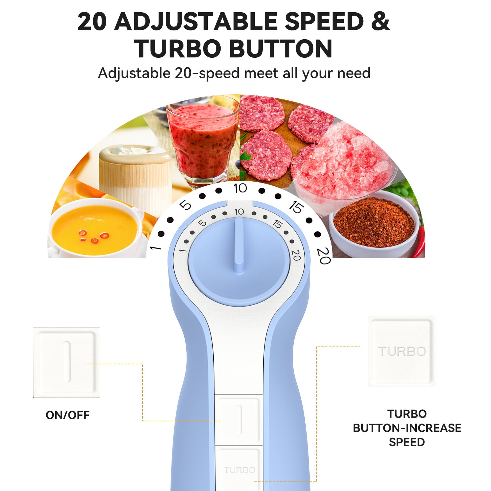 LINKChef Immersion Blender, 20Speed 1000W 5in1 Immersion Hand Blender, Stick Blender with Turbo Mode(图3)
