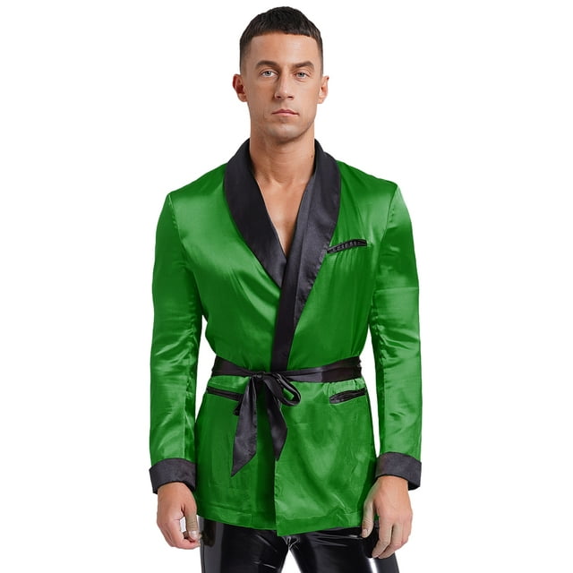 Ocealan Mens Adult Satin Smoking Robe Jacket Long Sleeve Short Kimono Bathrobe with Belt Green S