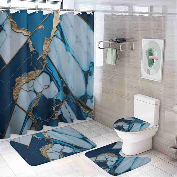 Navy Blue and Gold Geometric Marble 4-Piece Shower Curtain Set with Bath Mats and Toilet Lid Cover for Bathroom Decor