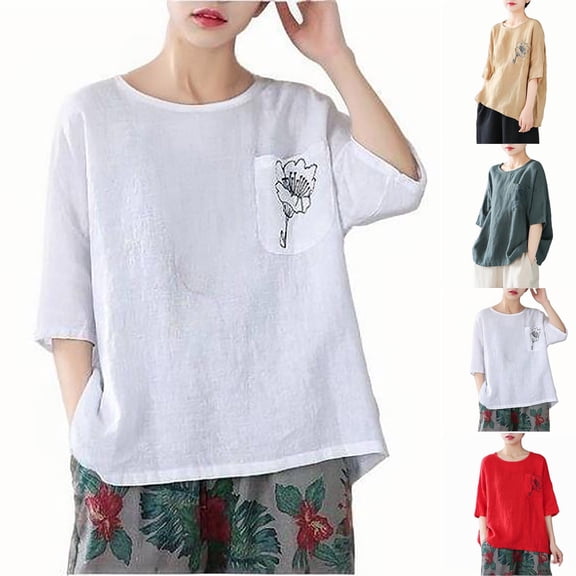 Summer Plus Size Tops for Womens 2026 Fashion Embroidered Round Neck Five Quarter Sleeved Short Sleeved Blouse