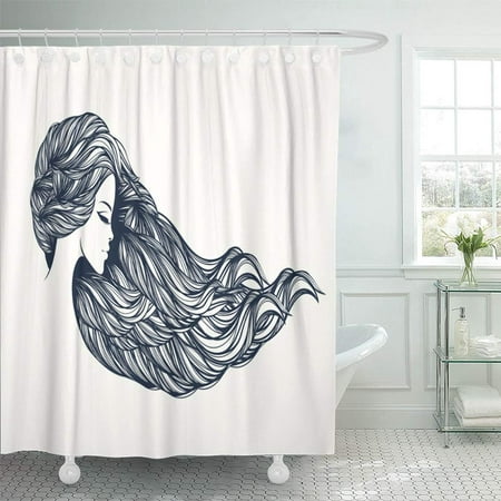 PKNMT Aesthetics Beautiful Portrait of Woman with Long Wavy Hair Salon Beauty Beauty Waterproof Bathroom Shower Curtains Set 66x72