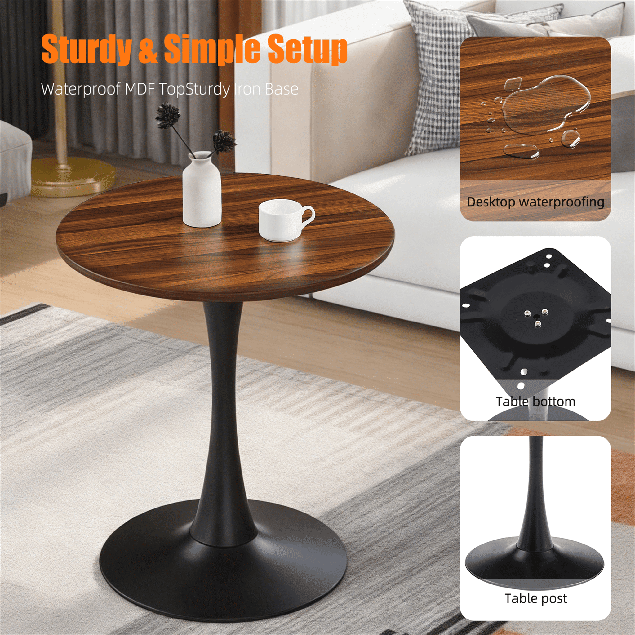 Homy Casa 24" Round Dining Table for 2, Small Kitchen Table with Walnut Finish and Black Iron Pedestal Base, Brown