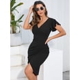 thumbnail image 3 of Owin Women's Summer Sexy V Neck Ruffle Sleeve Faux Wrap Ruched Sheath Bodycon Cocktail Party Work Dress, 3 of 4