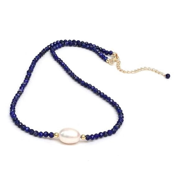 Lapis Lazuli Beaded Necklace with Freshwater Pearl Choker Style Jewelry September Birthstone Handmade Jewelry Gifts Hypoallergenic 18 Inch Gold Plated Lightweight Gemstone Crystal