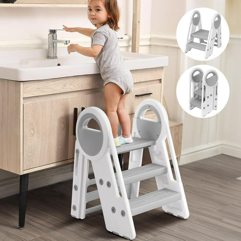 Upgrade Triple Stability Foldable Adjustable 2 Steps to 3 Steps Toddler Step Stool for Bathroom Sink Step Stool for Kids with 6 Non slip Pads