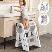 Gimars Upgrade Triple Stability Foldable Adjustable 2 Steps to 3 Steps Toddler Step Stool for Bathroom Sink, Step Stools for Kids with 6 Non-slip Pads,Handles for Toilet Potty Training,Kitchen Counter