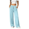 thumbnail image 5 of Women's Cotton Yoga Pants Wide Leg Straight, Mid Elastic Waist Stretchy Soft, Pockets Casual Solid Color, Lounge Workout Fitness Lounge Pants | VerBelle,Light Blue 2XL, 5 of 8