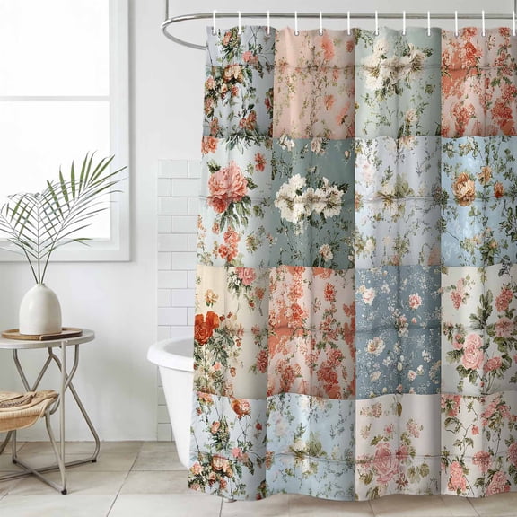 Elegant Spring Floral Waterproof Fabric Shower Curtain,Summer Botanical Plaid Farmhouse Waterproof Fabric Shower Curtain for Bathroom Curtains Bathtubs Shower Curtains with 12 Hooks Stall 48x72in