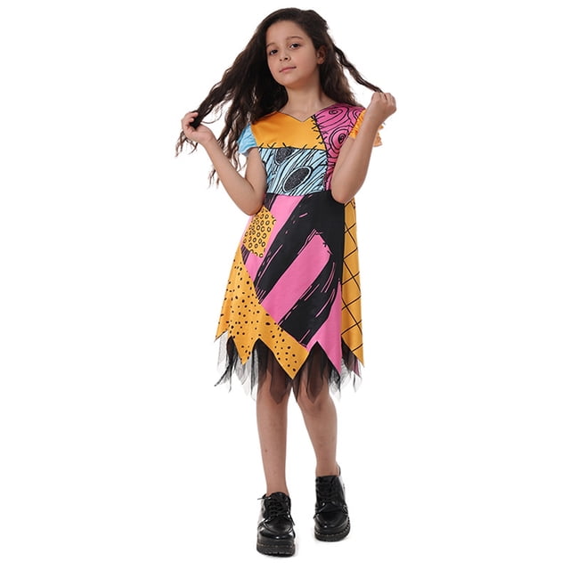 HAWEE Costume d'Halloween de Luxe pour Filles Sally, Robe de Fête de Cosplay Cauchemardesque