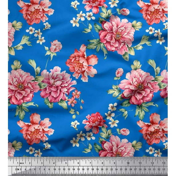 Soimoi Japan Crepe Satin Fabric Leaves & Peony Floral Printed Craft Fabric by The Yard 42 Inch Wide