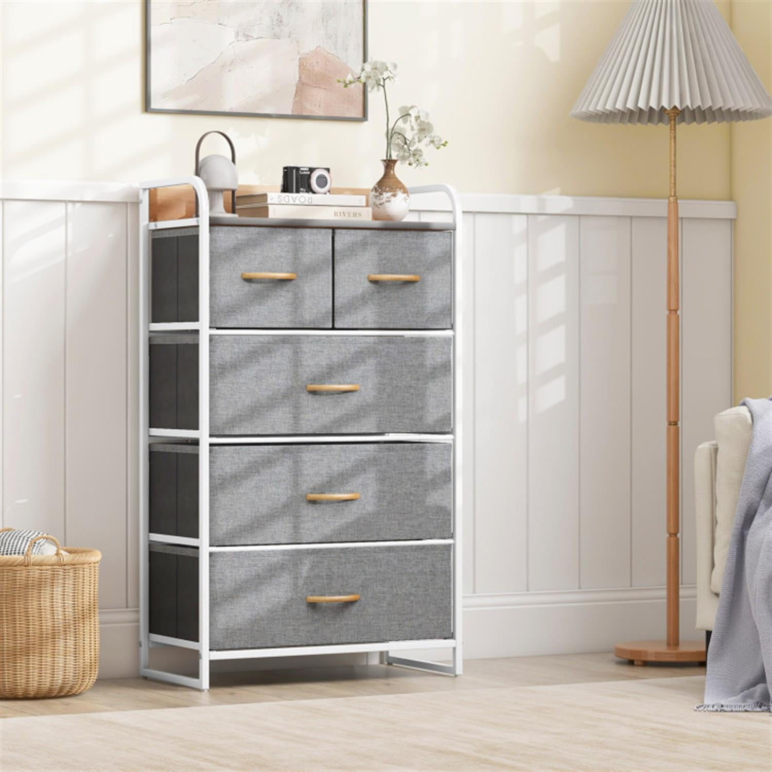 Demi Bonn Modern 5-Drawer Dresser with Wooden Handles and Top Storage, 4-Tier Organizer Tower Steel Frame for Bedroom, Hallway, Entryway, Gray