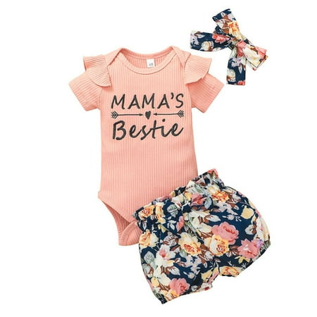 

Infant Baby Girl Summer Outfits Letter Short Sleeve Bodysuit Romper Tops Floral Shorts Pants 3 Piece Clothes 3-24M