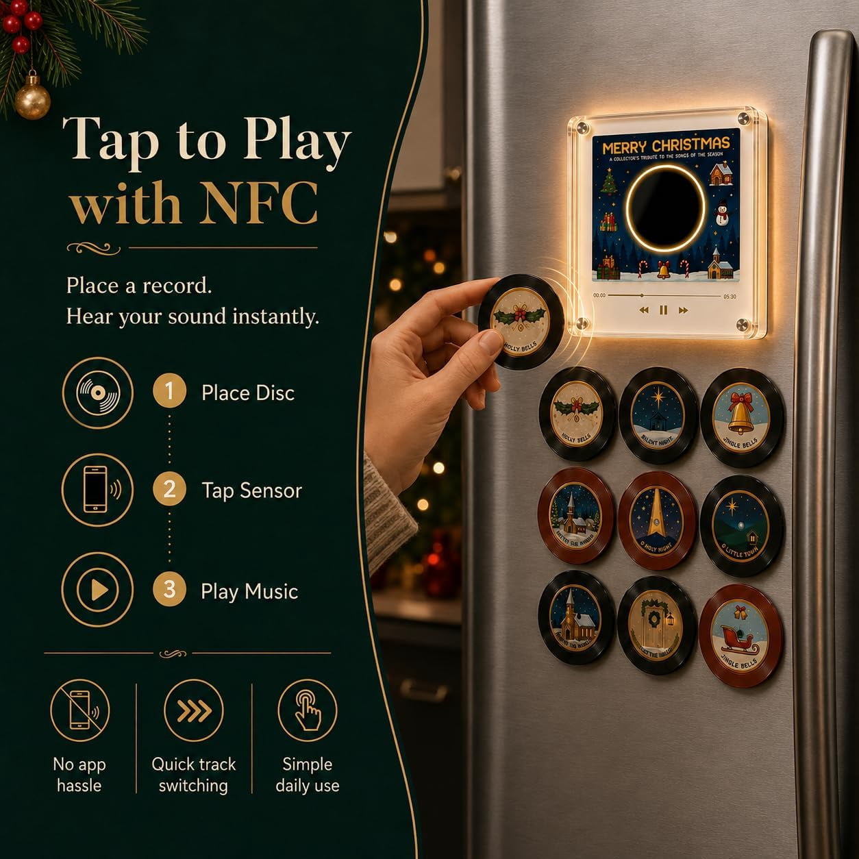 Christmas Fridge Magnet Music Player Set With 9 Vinyl‑Style Discs, NFC Playable Magnetic Music Box, Novelty Home Kitchen Christmas Decor & Holiday Gift