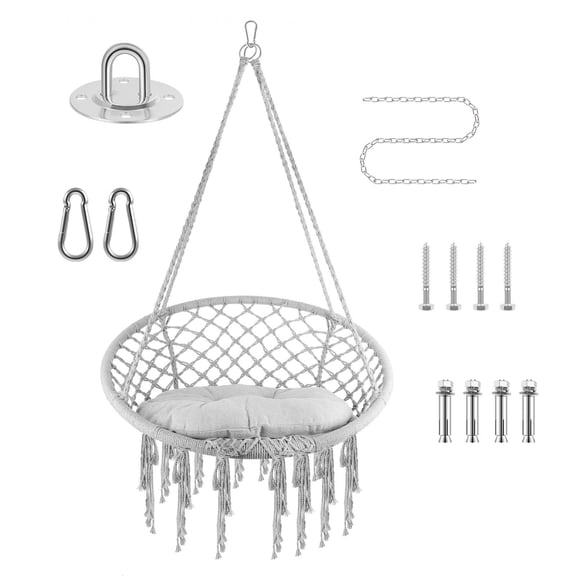 Macrame Hanging Chair, 360 LBS Weight Capacity Hand-Woven Cotton Swing Chair with Cushion & Hardware, Boho Hammock Chair for Indoor, Outdoor, Patio, Bedroom, Balcony, Garden