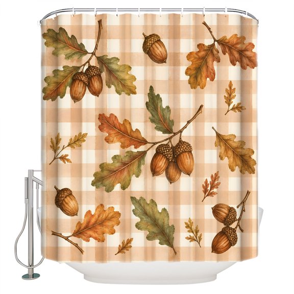 Thanksgiving Bathroom Shower Curtains with 12 Hooks Polyester Waterproof Shower Curtain for Stalls and Bathtubs Fall Farmhouse Leaves Cones Orange Plaid Decorative Bathroom Curtain 36x78 Inches